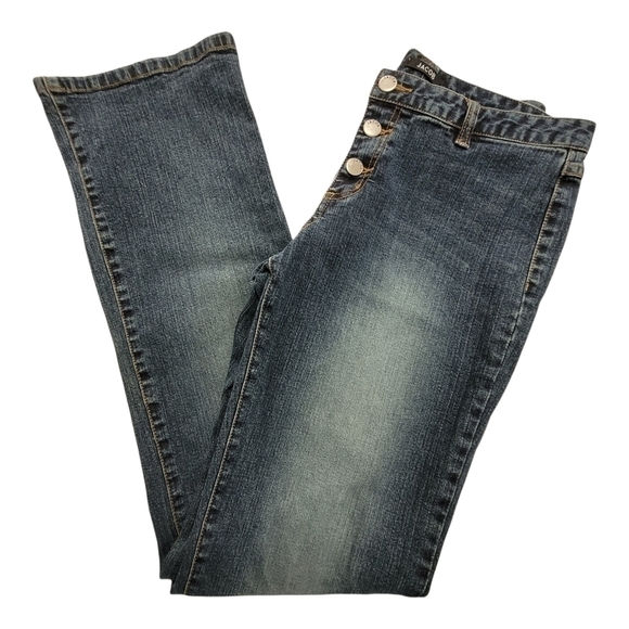 𝅺women's  Button Fly Jeans Mini Bootcut Low Rise Denim Dark Wash Size 8 - Picture 6 of 10